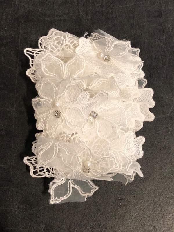Photo 1 of 2 Yards 3D Pearl Beads Flower Lace Trim Ribbon Floral Applique Embroidered Lace Fabric for Sewing DIY Crafts (White)