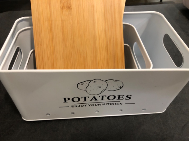 Photo 1 of Dekosilave Kitchen Vegetable Storage Set of 3, Metal Onion Garlic Potato Storage Set, Kitchen Canisters Vegetable Keeper Containers with Aerating Holes and Wooden Lid (White)