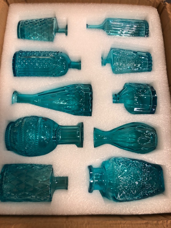 Photo 1 of 20 Pcs Glass Bud Vase Set Small Vintage Flower Vase in Bulk for Centerpieces Rustic Decorative Glass for Wedding Table Home Christmas Decoration (Light Blue)