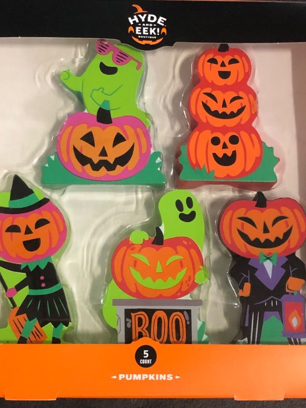 Photo 1 of Hyde and EEK Wood Neon Ghost Pumpkin Mini Mantle Halloween Decorative Figure Set