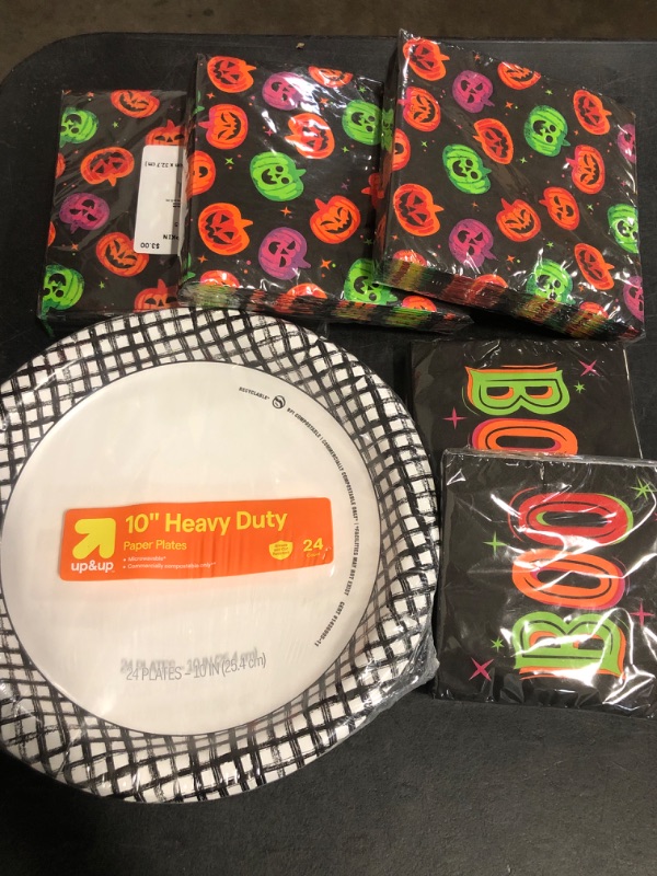 Photo 1 of Halloween Party Supplies One set of Plates , 3 12"x12" Pumpkin Lunch Napkins, 2 9"x9" BOO Beverage Napkins