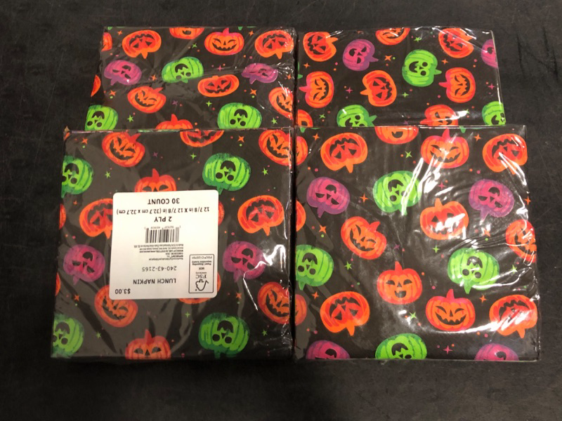 Photo 1 of Halloween Party Supply Napkins , 2 Sets of 9"x9" BOO Beverage Napkins, 4 Pumkin 12"x12" Lunch Napkins (One set of Beverage Napkins Opened in Shipping) 