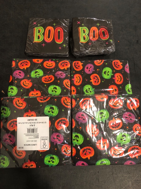 Photo 1 of Halloween Party Supply Napkins , 2 Sets of 9"x9" BOO Beverage Napkins, 4 Pumkin 12"x12" Lunch Napkins (One set of Beverage Napkins Opened in Shipping) 