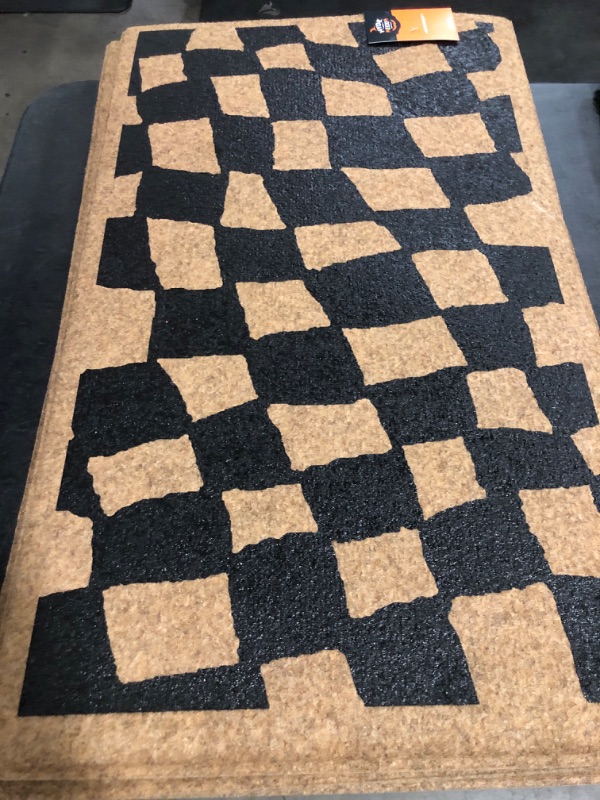 Photo 1 of 1'6"x2'6" Halloween Checkered Faux Coir Doormat Natural/Black - Hyde and EEK 