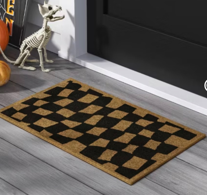 Photo 1 of 1'6"x2'6" Halloween Checkered Faux Coir Doormat Natural/Black - Hyde and EEK