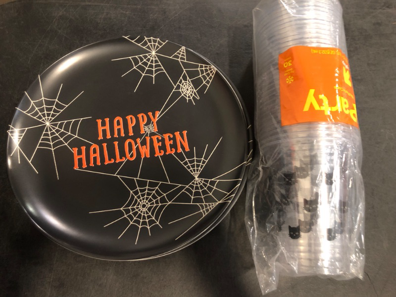 Photo 1 of 6 BOO Orange Plates, 1 Pumpkin Plate , 3 Happy Halloween Spider Plates and a 30 Pack of Clear Black Cat Cups 