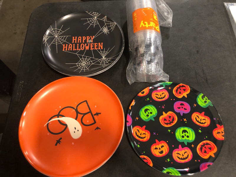 Photo 1 of 6 BOO Orange Plates, 1 Pumpkin Plate , 3 Happy Halloween Spider Plates and a 30 Pack of Clear Black Cat Cups