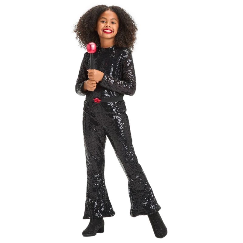 Photo 1 of Size L Girls Pop Star Glam Black Sequin Jumpsuit & Microphone Halloween Costume