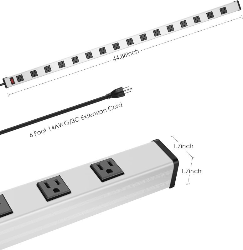 Photo 1 of JUNNUJ Long Metal 16 Outlet Power Strip, Wide Spaced Garage Industrial Heavy Duty Power Strip with 6 FT Cord 15A, 125V, 1875W-Silver