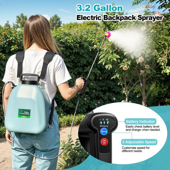 Photo 1 of 3 Gallon Battery Powered Backpack Sprayer, Upgraded Electric Back Pack Sprayer  Battery Indicator, Rechargeable Handle, 41" Telescopic Wand, 5 Mist Nozzles, for Lawn and Garden