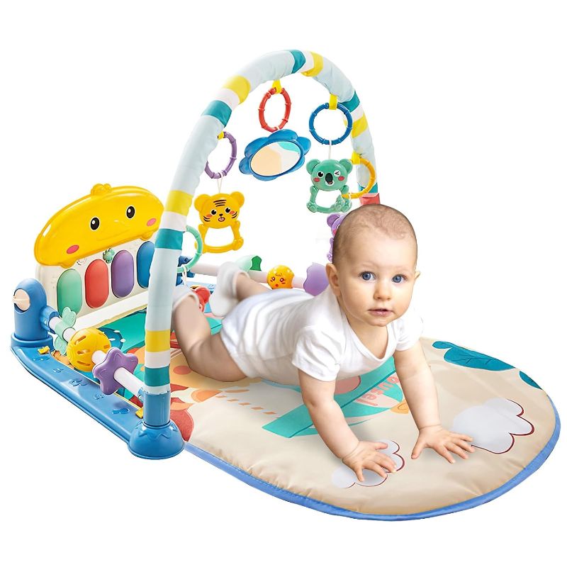 Photo 1 of Baby Play Mat,Baby Gym with Kick and Play Piano,Tummy Time Baby Activity Mat with 5 Infant Sensory Toys,Music and Lights Toys for Newborn Infant Boys Girls Toddles,Blue
