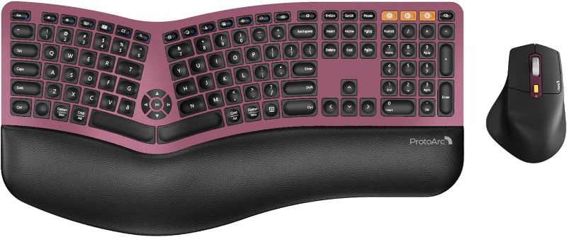 Photo 1 of ProtoArc Backlit Bluetooth Ergonomic Keyboard, EK01 Plus Full Size Wireless Split Keyboard with Dual Bluetooth and USB, Cushioned Wrist Rest, Rechargeable, Compatible with Windows/Mac, Wine Red