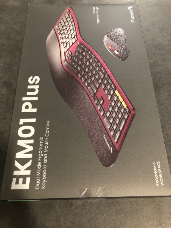 Photo 1 of ProtoArc Backlit Bluetooth Ergonomic Keyboard, EK01 Plus Full Size Wireless Split Keyboard with Dual Bluetooth and USB, Cushioned Wrist Rest, Rechargeable, Compatible with Windows/Mac, Wine Red