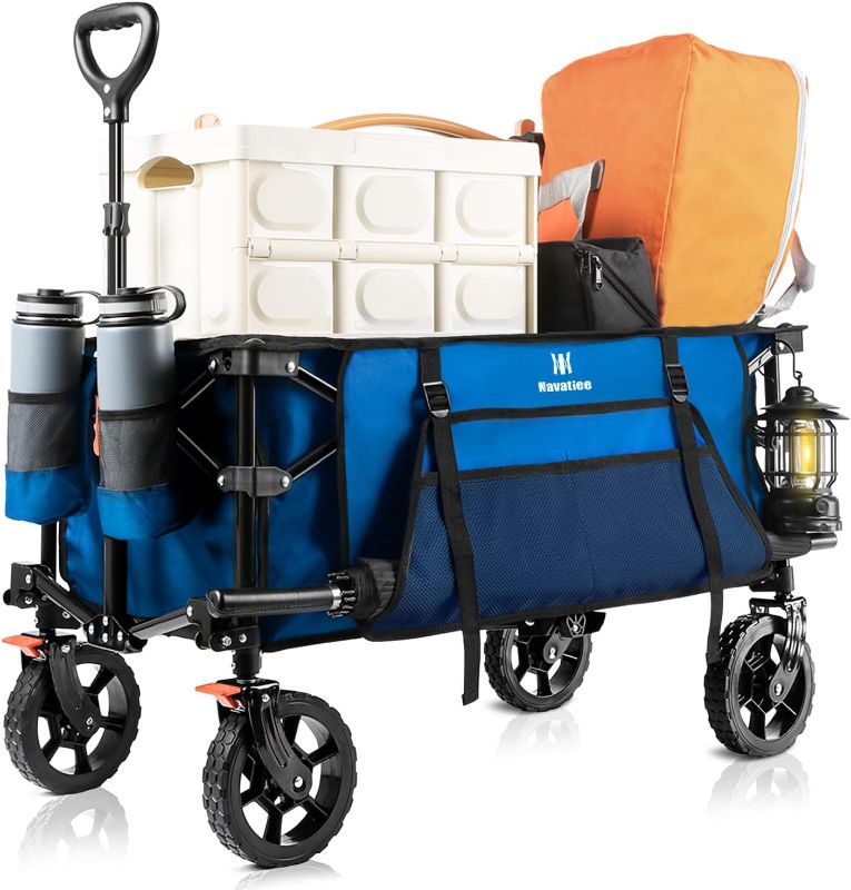 Photo 1 of Navatiee 130L Collapsible Foldable Wagon With Wheels, Large Capacity Cart With Side Pocket and Brakes for Grocery Shopping, Garden and Outdoor Use, Blue