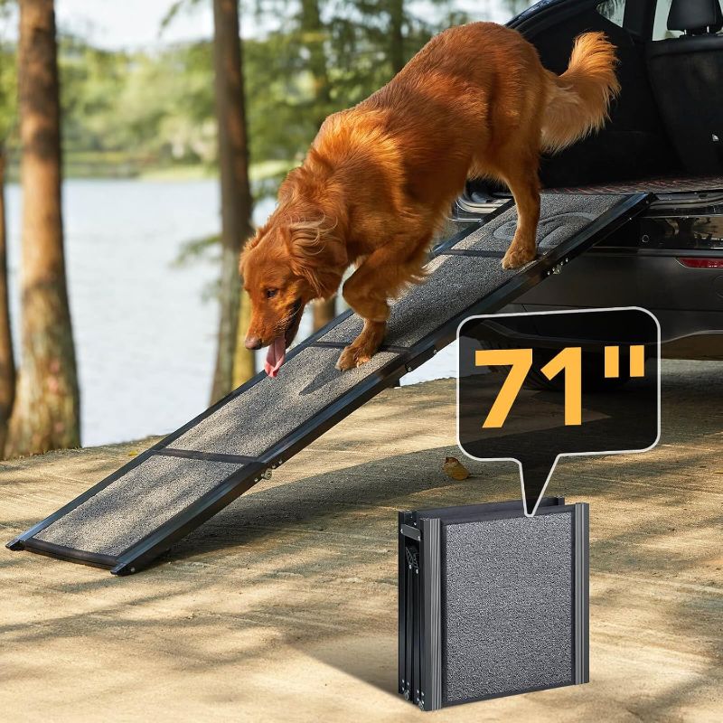 Photo 1 of Dog Ramp for Car 71'' X-Long & 17.2" Wide Folding Dog Ramps for Large Dogs with Non-Slip Rug Surface Portable Dog Car Ramp for SUV Car & Truck, Outdoor Dog Ramp Up to 250 LBS