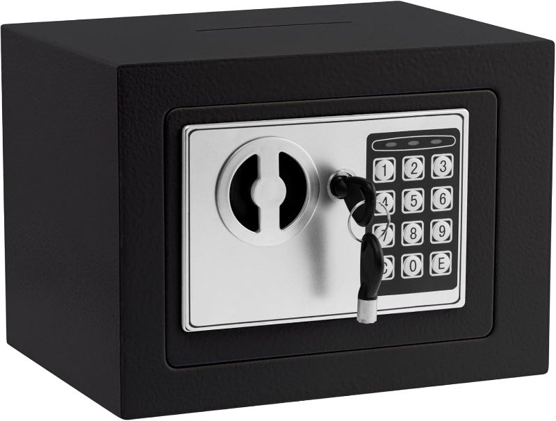 Photo 1 of Small Electronic Safe Box With Digital Keypad & Keys - 9.05 x 6.7 x 6.7 Inches Wall Safe 0.23Cuft Mini Security Box for Coin Home Office Hotel Rooms Business Jewelry Gun (Black)