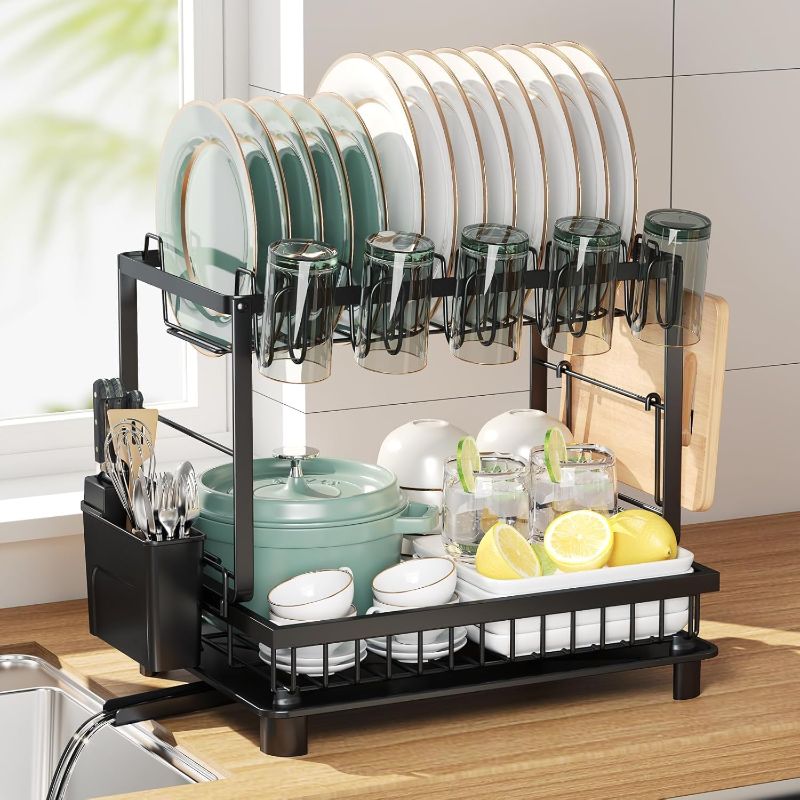 Photo 1 of Multifunctional Dish Drying Rack - Rustproof, 2-Tier Dish Racks with Drainboard, Space-Saving Design, Utensil & Cup Holder for Kitchen Counter, Black
