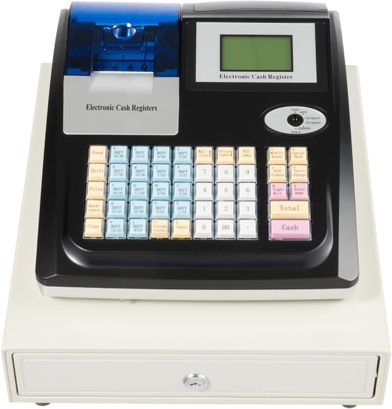 Photo 1 of Cash Register for Small Businesses 48 Keys Electronic Cashier with Drawer Box RS232 & USB Interface High-Speed Thermal Print LED Display Cash Management POS System for Commercial Supermarket (Black)