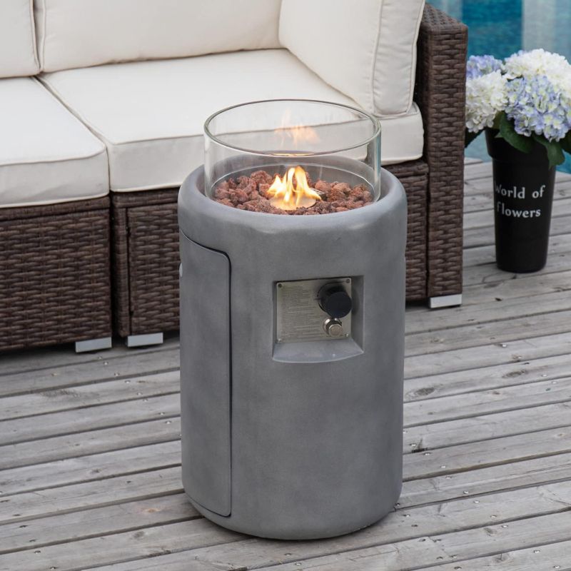 Photo 1 of COSIEST Outdoor Propane Fire Pit Table w Compact Ledgestone 16-inch Round Graphite Base and Glass Wind Guard, CSA Certified, 40,000 BTU, Free Lava Rocks, Touch-up Pen, Fits 20lb (Grey)