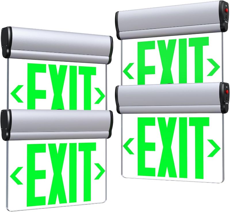 Photo 1 of Led Edge- Exit Sign ,Brushed Aluminum Housing Single-Sided Clear Rotating Acrylic Panel,Hardwired Emergency Exit Signs with Battery Backup, 120V-347VAC,Green Led Emergency Exit Light for Business , UL Listed,Top/Side/Wall Mount(4 Pack)