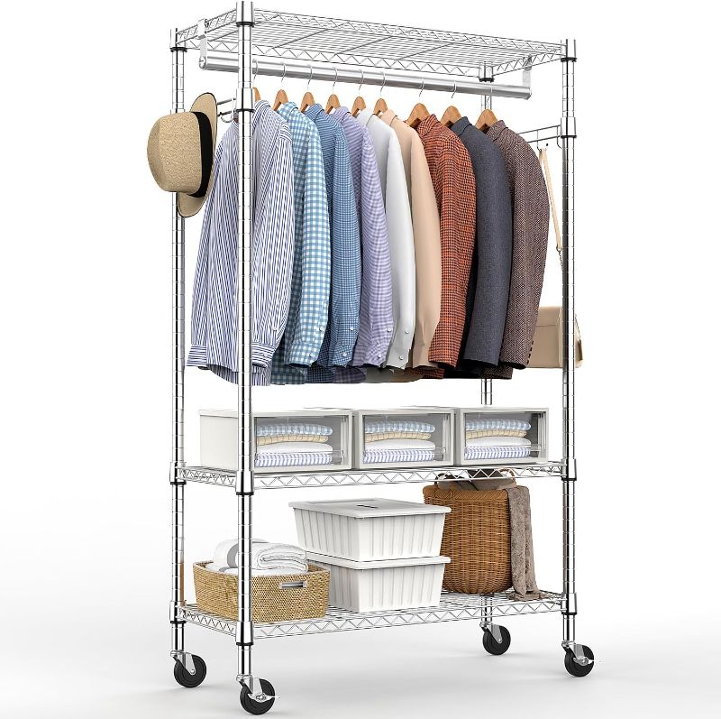Photo 1 of Heavy Duty Rolling Garment Rack 3 Tiers Adjustable Wire Shelving Clothes Rack with Rods and Side Hooks,Storage Closet Clothing Rack with Wheels Chrome 15.7" D x 29.5" W x 74.5" H