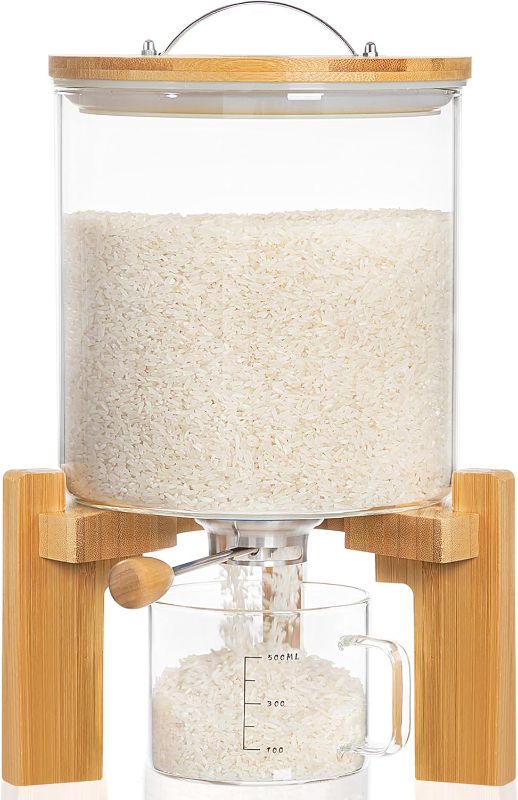Photo 1 of HBlife 8-10 Lbs Glass Rice Dispenser with Wooden Stand Flour and Cereal Container with Glass Measuring Cup Pantry Food Organization Storage Bin with Airtight Bamboo Lid, 5L