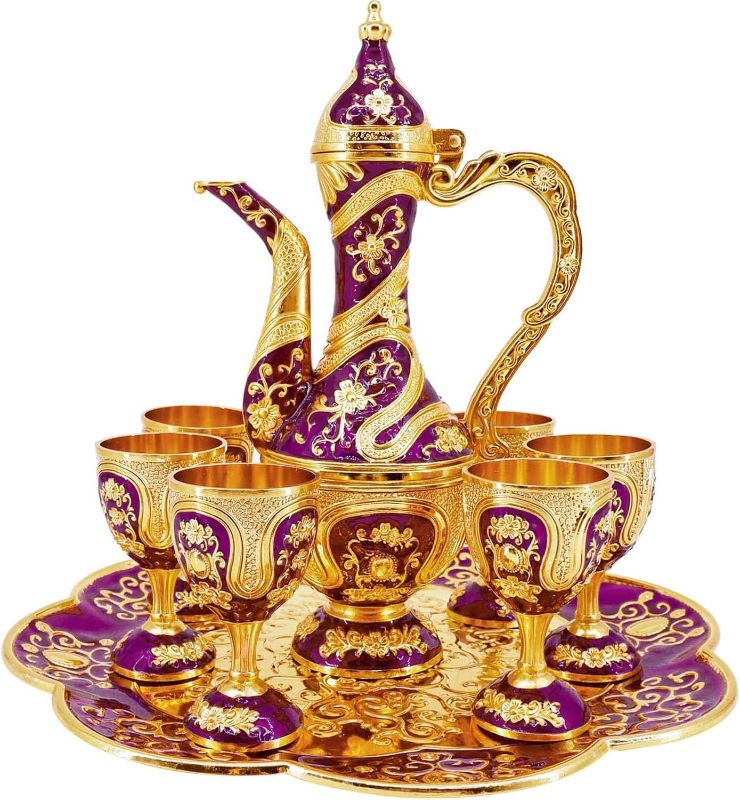 Photo 1 of Vintage Turkish Coffee Pot and Cups Set,Tea Service Set Including Teapot,Tea Tray and Metal Cups for Wine Cabinet Decor,Wedding Ornaments (Gold and Purple)