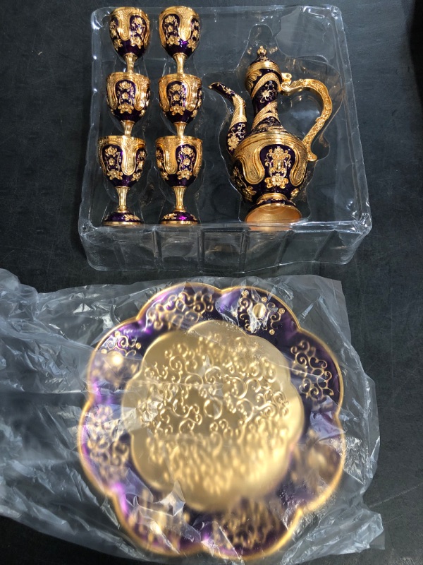 Photo 1 of Vintage Turkish Coffee Pot and Cups Set,Tea Service Set Including Teapot,Tea Tray and Metal Cups for Wine Cabinet Decor,Wedding Ornaments (Gold and Purple)