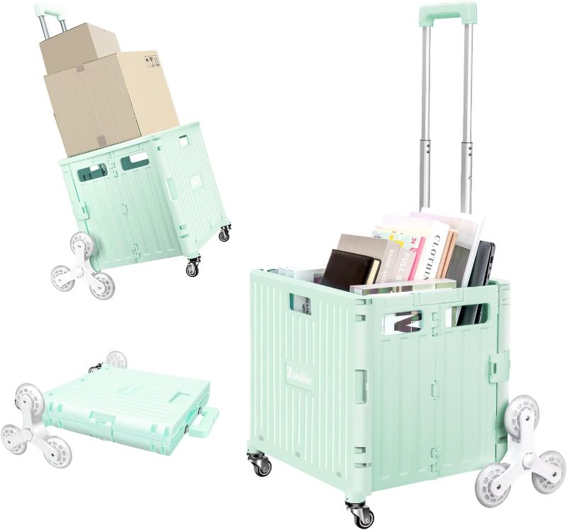 Photo 1 of Foldable Rolling Crate for Stair Climbing : Utility Cart for Grocery File Office Book (Light Green)
