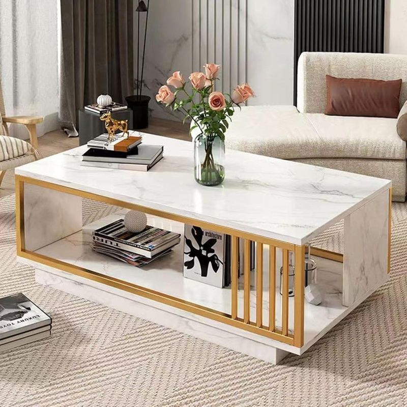 Photo 1 of 2 Tier Modern Coffee Table with Gold Metal Frame and Storage Shelf,Center Table for Living Room Decor,White