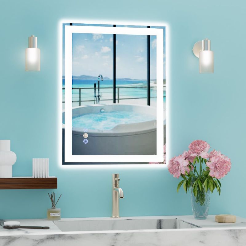 Photo 1 of 20"x 28" LED Bathroom Mirror, 3 Colors Vanity Mirror with Lights, Front and Backlit Bathroom Mirror with Lights, LED Smart Mirror for Bathroom, Anti-Fog, Stepless Dimmable, Memory