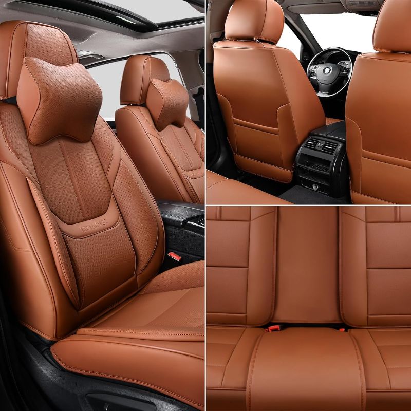 Photo 1 of Auto Car Seat Covers Accessories Full Set Leather Cushion Protector Breathable Waterproof Seat Cover for Cars Universal Fit (Brown, Front Pair and Rear)