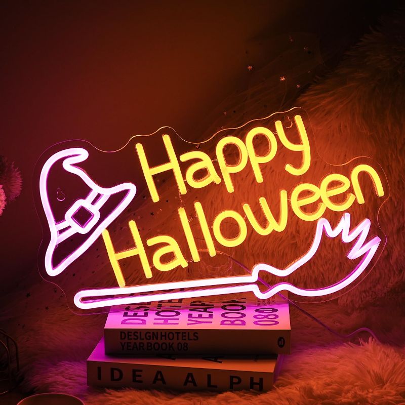 Photo 1 of Want To Test
Happy Halloween Neon Sign Witch Hat Neon Sign Dimmable Broom Led Wall Decor Neon Lights Halloween Decorations for Home Spooky Party Kids Room