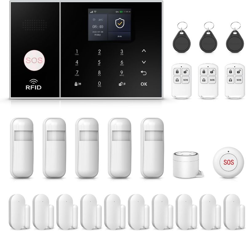 Photo 1 of WiFi Alarm Security System for Home,App Alerts Push,Support 4G Phone Calling,Door Window Sensor,PIR Motion Detector,Remote,Work with Google Assistance for House Security(24 Piece Kits)