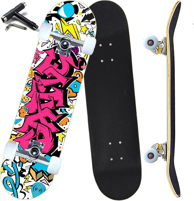 Photo 1 of Pro Complete Skateboards for Beginners Girls Boys Kids Youths Teens Adults 31"x8" Skate Boards 7 Layers Canadian Maple Double Kick Deck Concave Longboard
