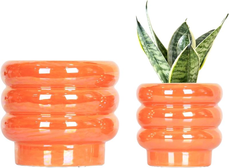 Photo 1 of 5.7 Inch +4.1 inch 2 pcs Ceramic Plant Pots for Indoor Plants, Rainbow Pearl Glaze Planter with Planters for Plants with Drainage Hole, Orchid Pots, Succulent Pot, Flower Pot (Orange)