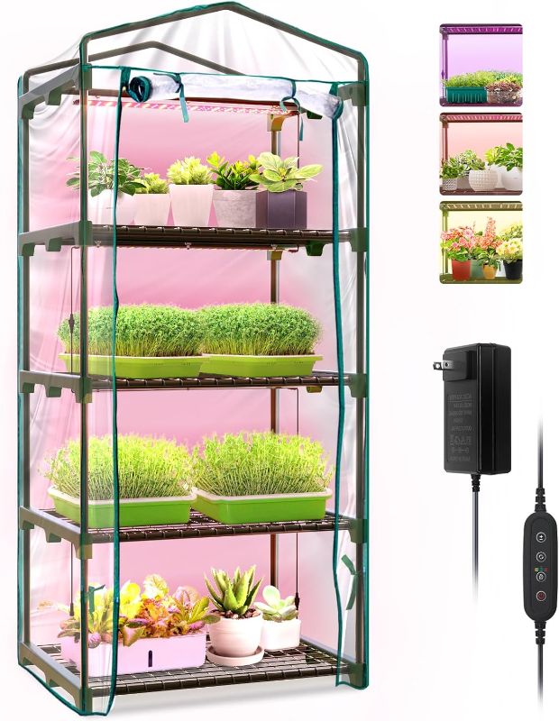 Photo 1 of Indoor Greenhouse with Grow Lights, 4 Tier 27.2" L×19.9" W×61.8" H Mini Greenhouse with Zippered PVC Cover for Seed Starting Trays, Dimmable 2FT 60W Plant Light for Indoor Plants with Timer