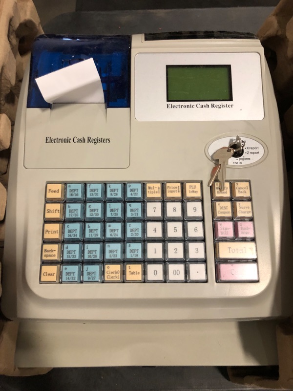 Photo 1 of 48 Keys Electronic Cash Register for Small Businesses, 8-Digit LED Modern and Thermal Receipt Printing Cash Registe with Cash Drawer White, 5 Coin compartments Cash Drawer for Supermarkets