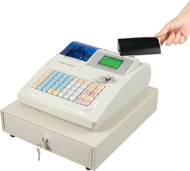 Photo 1 of 48 Keys Electronic Cash Register for Small Businesses, 8-Digit LED Modern and Thermal Receipt Printing Cash Registe with Cash Drawer White, 5 Coin compartments Cash Drawer for Supermarkets