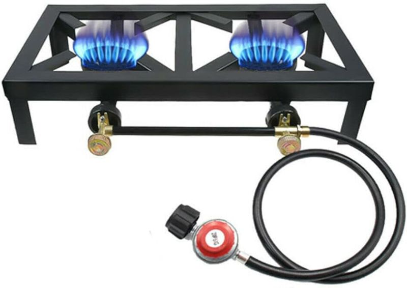 Photo 1 of Portable Double Burner Outdoor Gas Stove Propane Cooker with Adjustable 0-20Psi Regulator Hose for Patio Camping, BBQ, Home Brewing, Turkey Fry, Maple Syrup Prep
