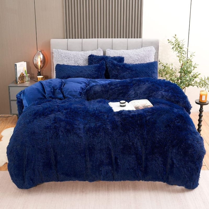 Photo 1 of Fluffy Plush Duvet Cover Set Queen Size, Luxury Ultra Soft Velvet Fuzzy Comforter Cover Bed Sets 4Pcs(1 Faux Fur Duvet Cover + 2 Pillow Cases + 1 Pillow Cover) Zipper Closure (Queen, Navy Blue)