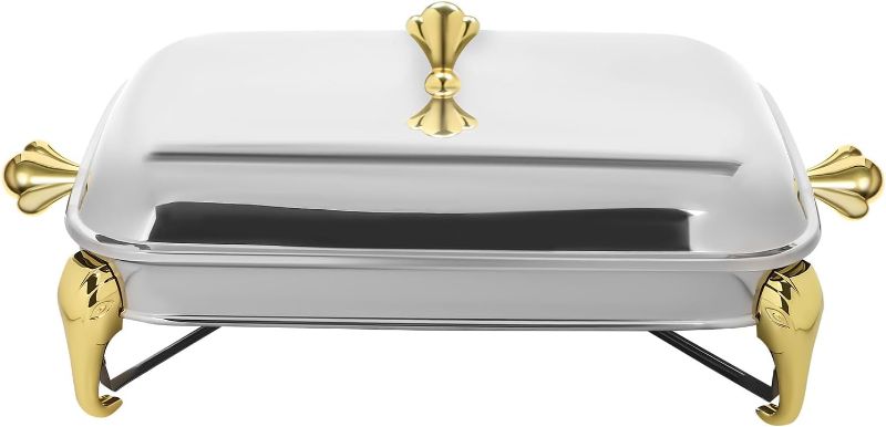 Photo 1 of 2.9L Hot Pot Buffet Set Server, Stainless Steel Hot Pot Oven, Safety Glass Rectangular Food Warmer for Party/Gathering/Wedding (Silver Gold) (Silver Gold)