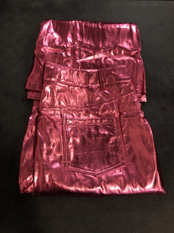 Photo 1 of XL Silver Metallic Straight Leg Pants for Women High Waist Button Down Long Pants PU Leather Sparkling Trousers