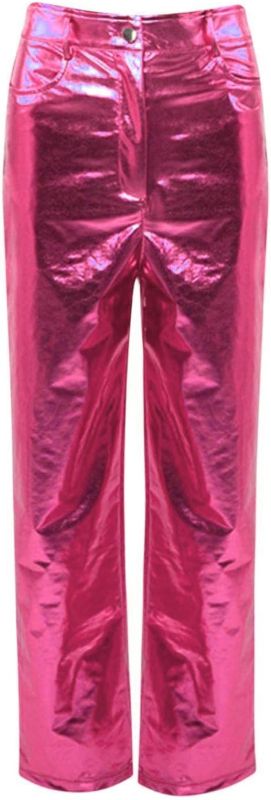 Photo 1 of XL Silver Metallic Straight Leg Pants for Women High Waist Button Down Long Pants PU Leather Sparkling Trousers