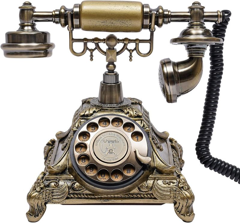 Photo 1 of Vintage Telephone, Retro Rotary Dial Telephone, Corded Old Fashion Antique Landline Telephone Decor, Antique Phone for Home Office Hotel Decoration (Bronze)
