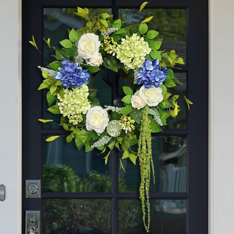 Photo 1 of 23 Inch Summer Wreaths for Front Door, Soomeir Blue and Green Hydrangea Flower Door Wreaths Outside, Floral Spring Wreath, Artificial Decor Decorations for Outdoor, Indoors, All Seasons