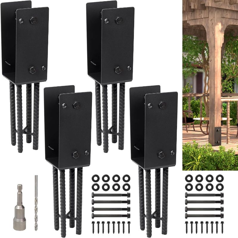 Photo 1 of Heavy Duty U-Shape Metal Post Base Holder, 4''x4'' (Internal 3.5"x3.5"), Wet Concrete Foundation Post Holder for for Wood Fence, Railing, Pergola, Porch (Black - Set 4)