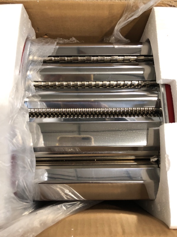 Photo 1 of GOURMEX Stainless Steel Manual Pasta Maker Machine | With Adjustable Thickness Settings | Perfect for Professional Homemade Spaghetti and Fettuccini | Includes Removable Handle and Clamp (Red)