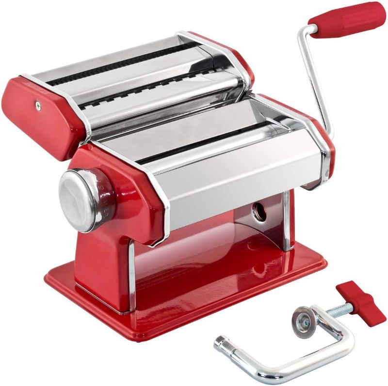 Photo 1 of GOURMEX Stainless Steel Manual Pasta Maker Machine | With Adjustable Thickness Settings | Perfect for Professional Homemade Spaghetti and Fettuccini | Includes Removable Handle and Clamp (Red)