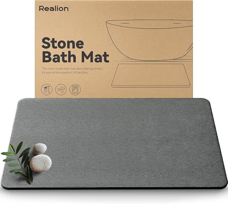 Photo 1 of Stone Bath Mat, Dries Quickly, Non-Slip Diatomaceous Earth Bath Mats for Bathroom, Super Absorbent Stone Shower Mat, Easy to Clean, 23.5" x 15.5" Dark Gray